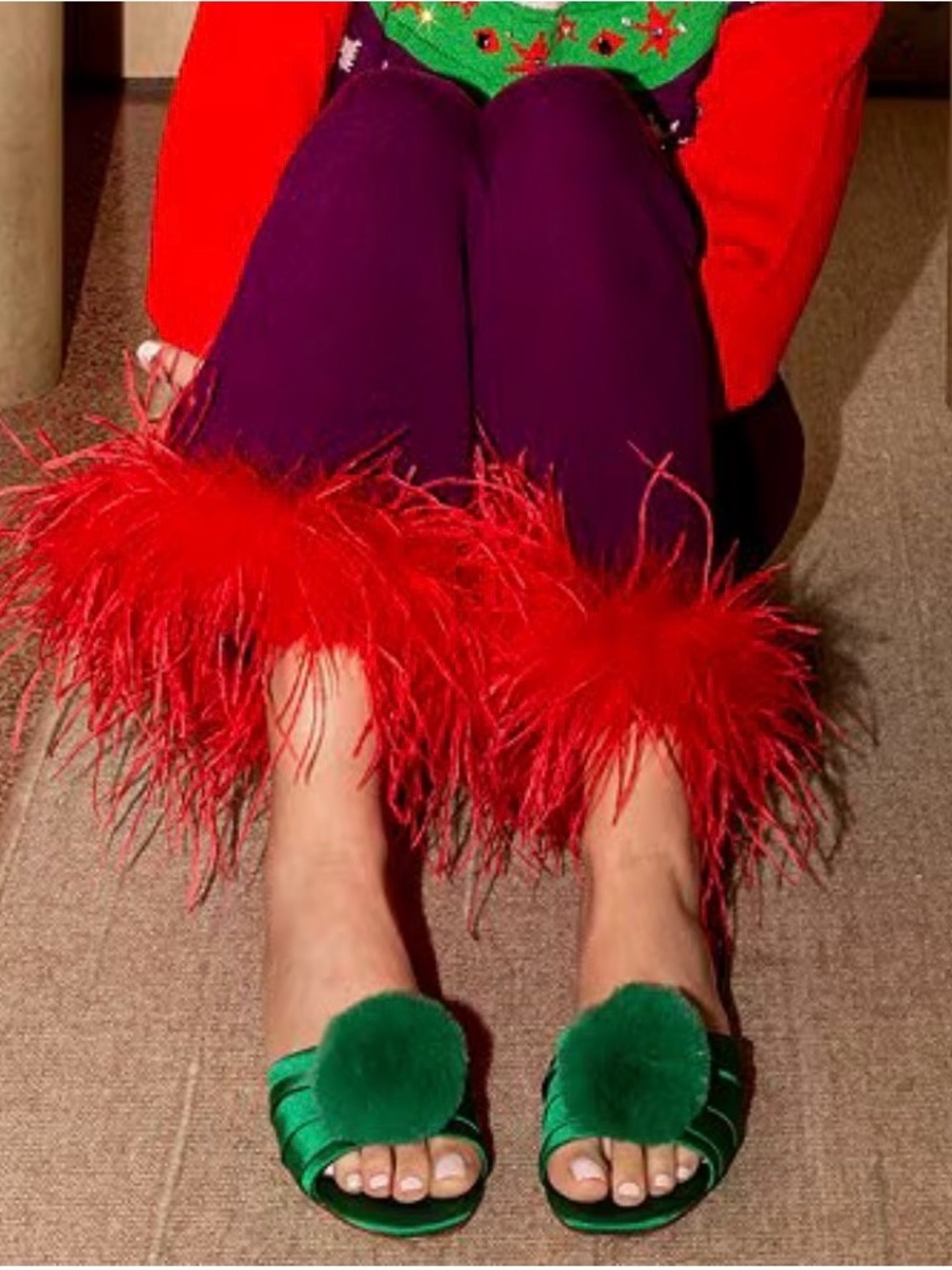 ANTONIO MELANI Green Satin Pom-Pom Slide Mules